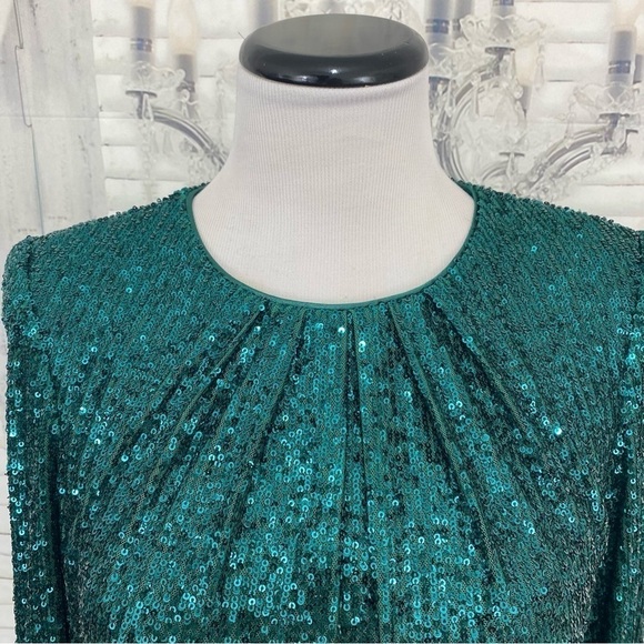 NWT Vince Camuto Size 6 Green 3/4 Balloon Sleeve Crew Neck Sequin Dress Sheath - Picture 4 of 14